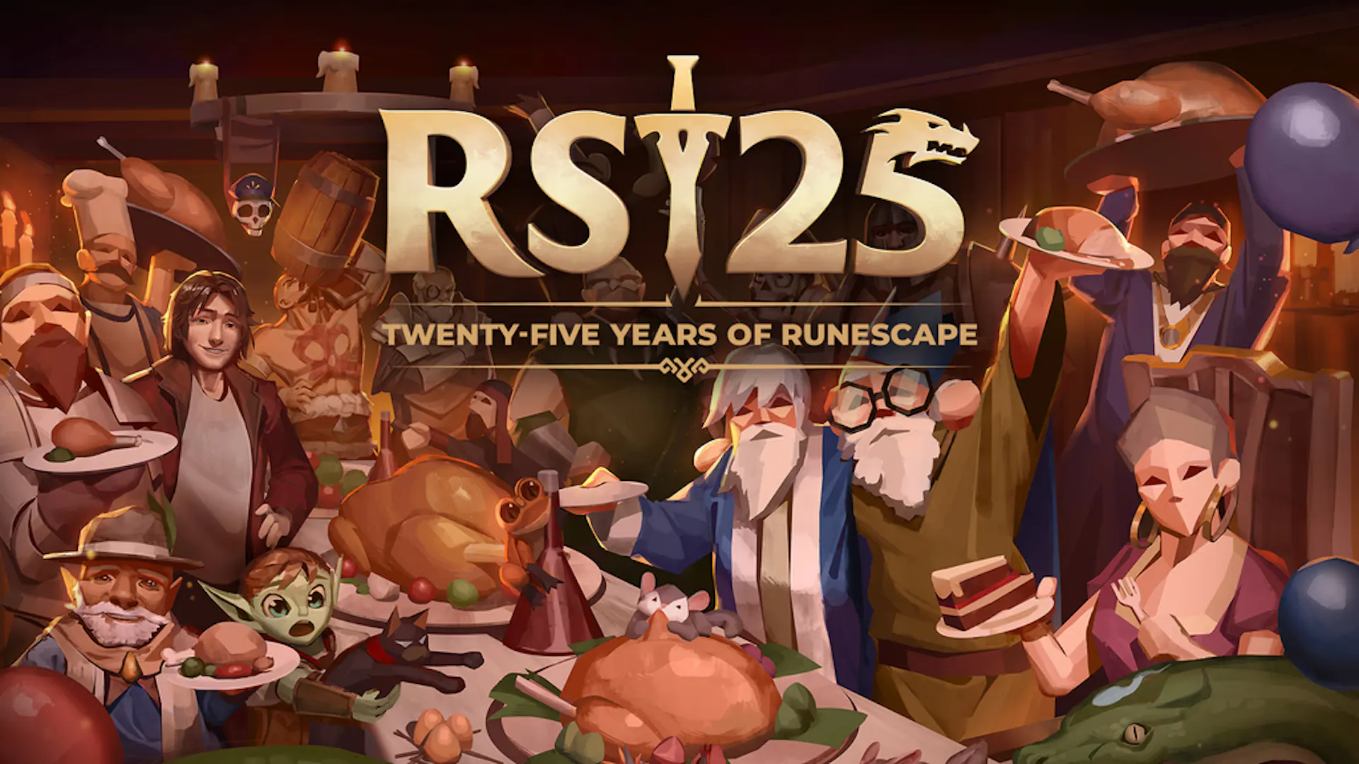 RuneScape 25th Anniversary logo, with text underneath "twenty-five years of runescape". In the background is a banquet table with a feast laid out, and characters from the runescape world facing the front. 