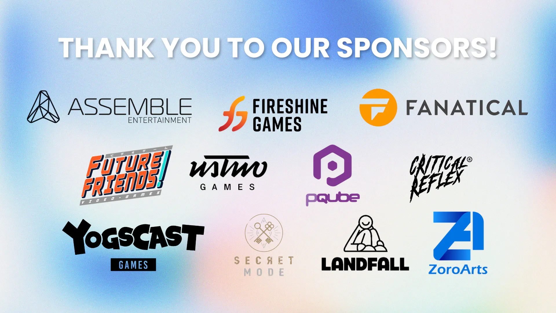 Logos of game companies, with the text "thank you to our sponsors!"