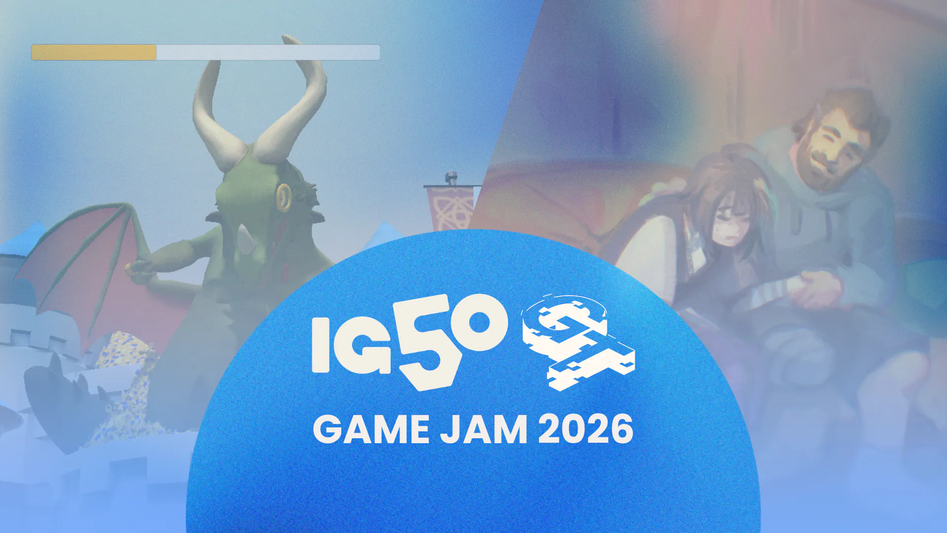 Left image - cartoon dragon from IG50 game jam. Right Image - a man comforting a crying child on a sofa from IG50 game jam. at the bottom middle, a blue semi circle with the IG50 logo and Games Transformed logo, with text "Game Jam 2026"