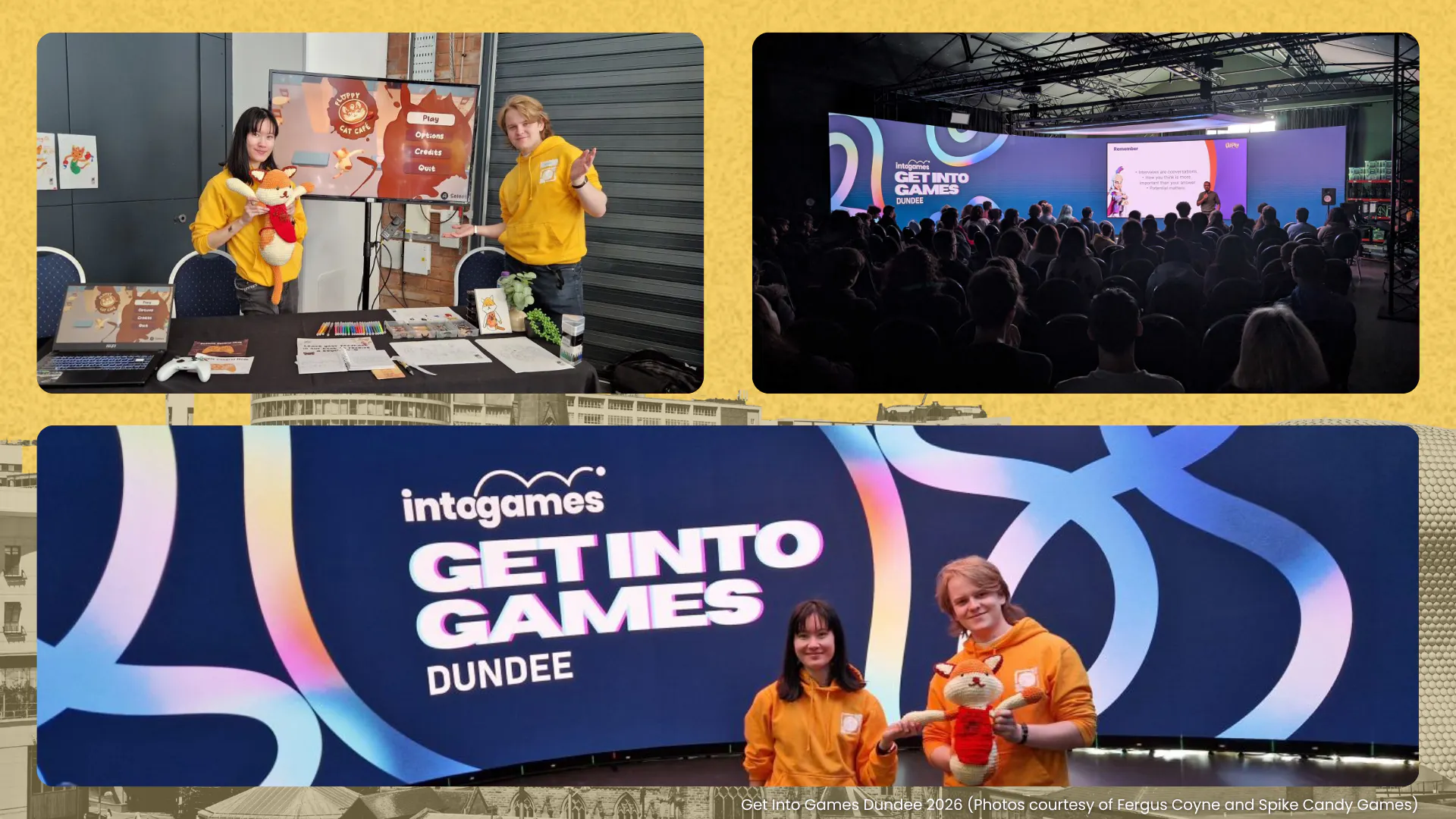 Top left photo: Spike Candy Games Developers in front of their stand. Top Right photo: The Into Games Careers Stage with a full audience. Bottom photo: Spike Candy Games in front of the Careers Stage Screen