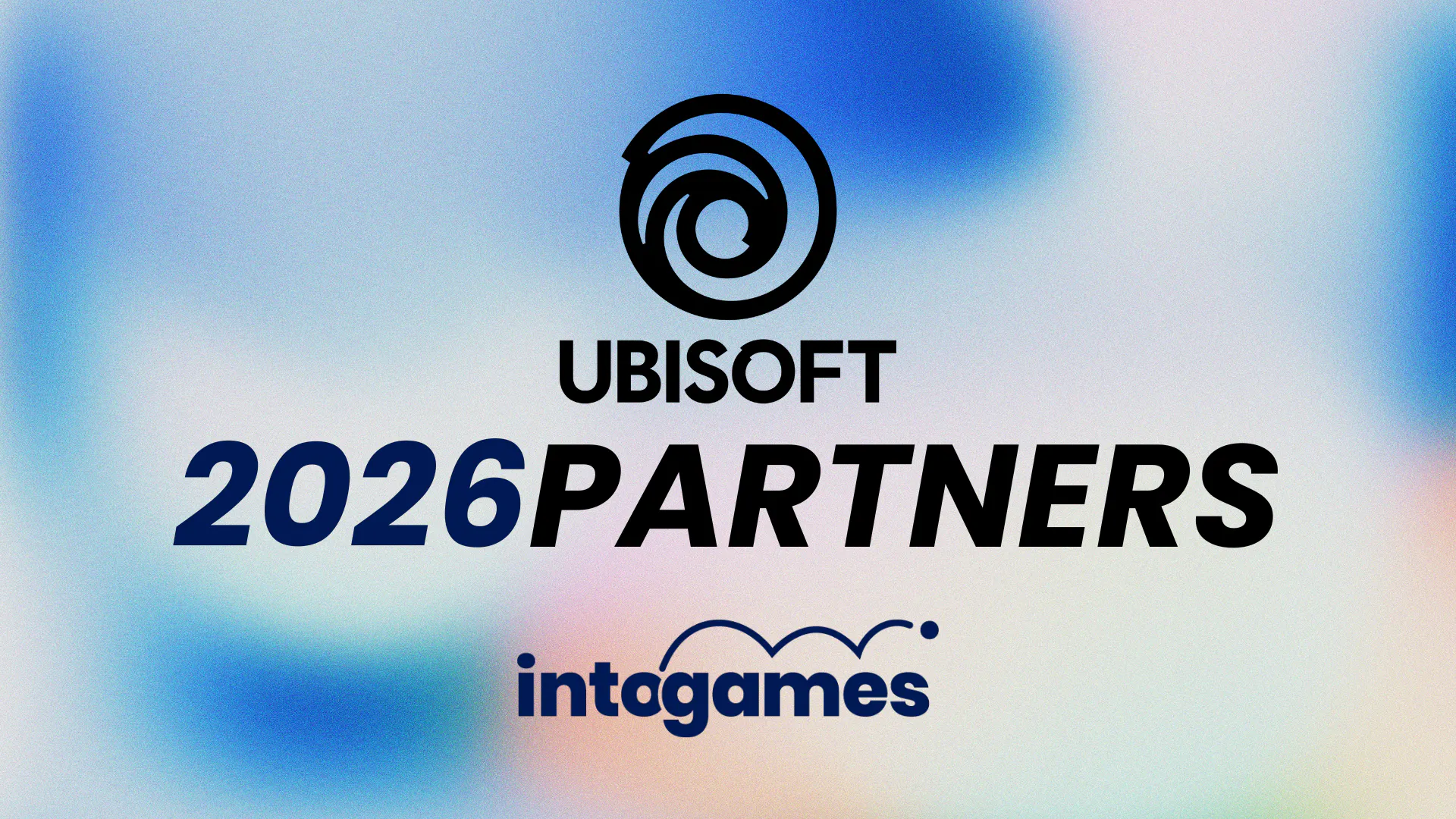 blue background, middle top is Ubisoft logo, text underneath reads "2026 Partners". Bottom middle is the Into Games Logo. 