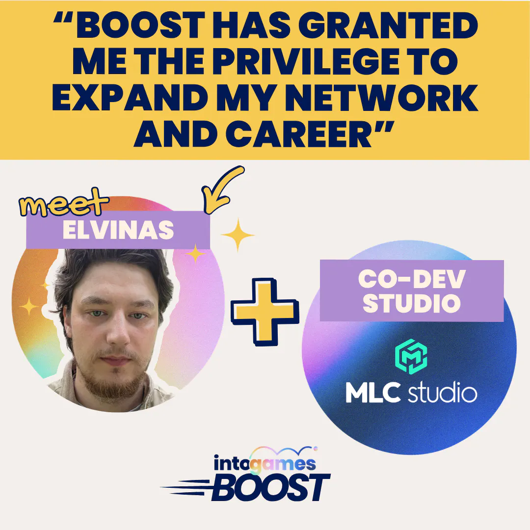 circlle image of Elvinas and circle image of MLC studio logo. Above, a quote from Elivas about Boost. Below, the Into Games Boost logo.