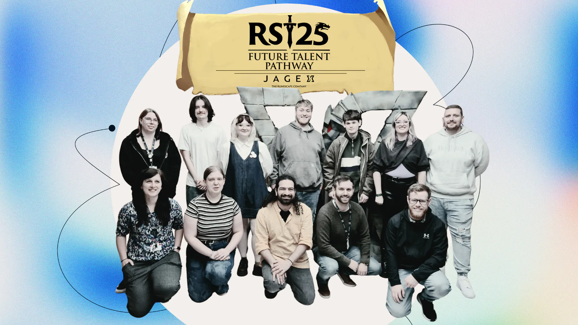 Blue Background with a white circle in the middle, with a group of people stood smiling. At the top, a paper scroll sign with the text: RS25 Future Talent Pathway Jagex