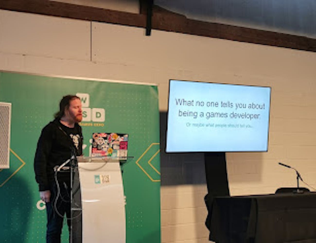 Simon Sarginson delivering the talk 'What No One Tells You About Being a Games Developer' 