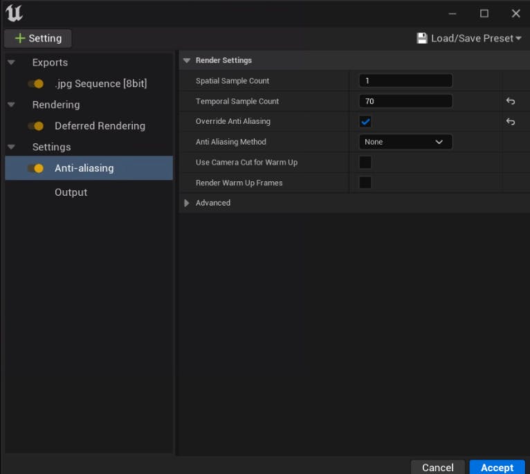 Settings for exporting and rendering to adjust anti aliasing (override) 