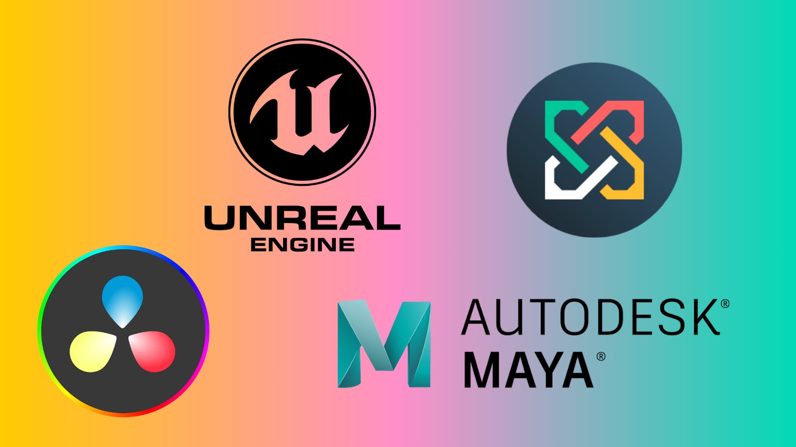 Logos of programmes mentioned (from left to right) - Davinci Resolve, Unreal Engine 5, Autodesk MAYA, Sync Sketch.