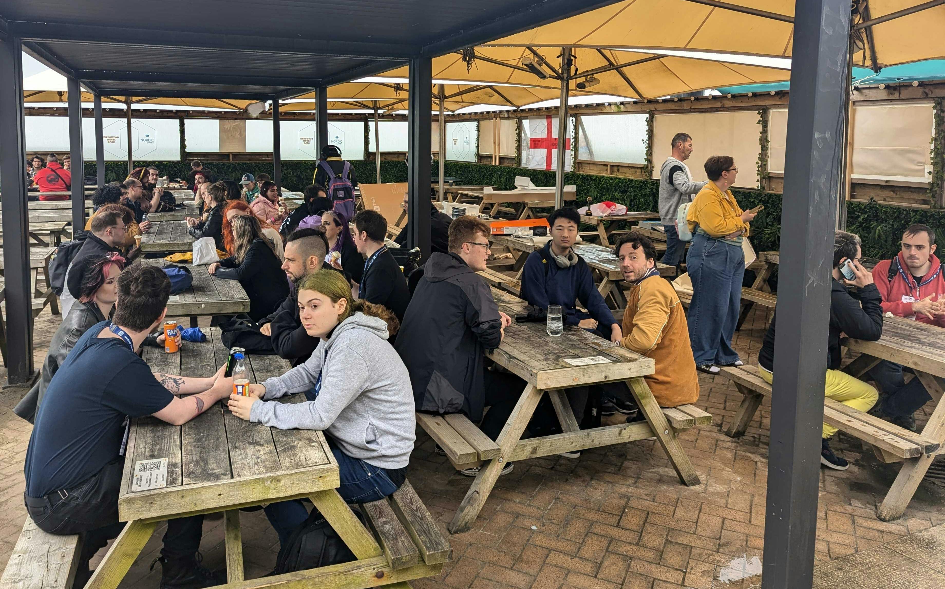 Photo from our Develop:Brighton meet up! Sheltering from the slightly wet weather whilst enjoying ice-cream and conversation.