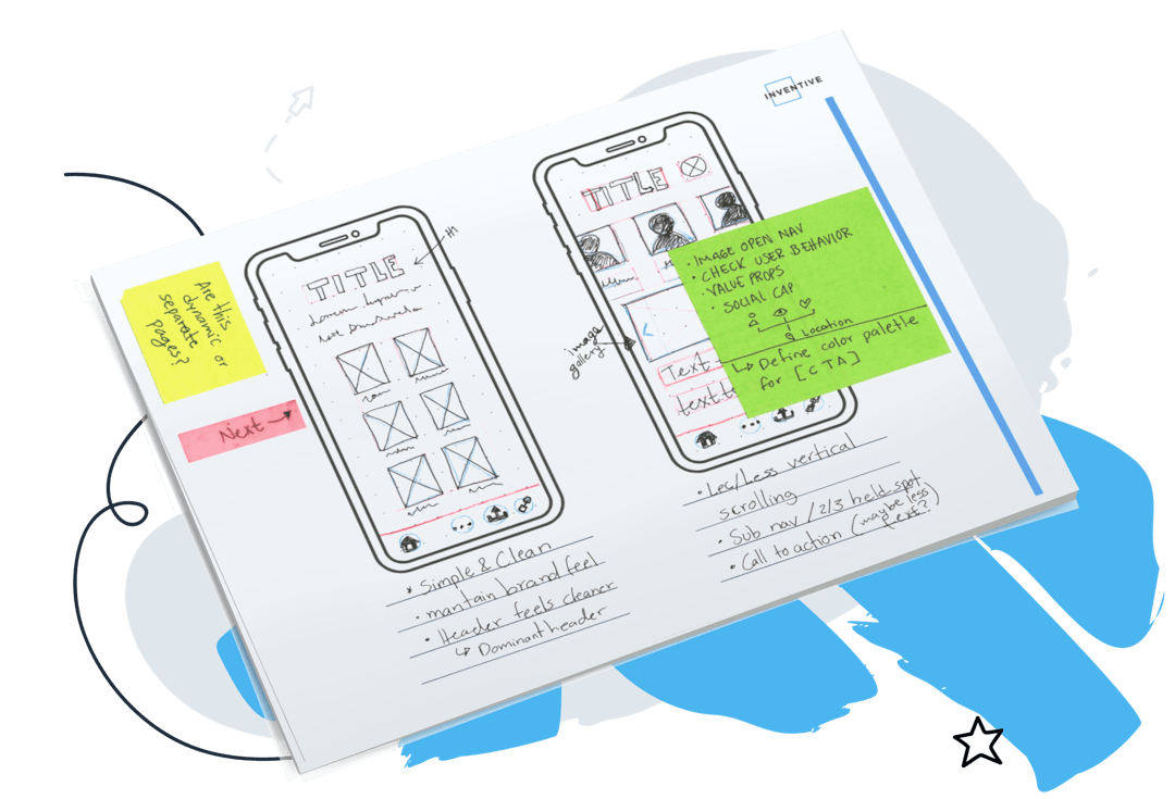 a mockup of a paper with two mobile wireframes and paper notes