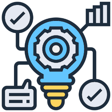 illustration of a lightbulb with a gear inside and icons of a bar graph, checkmark, and chat bubble