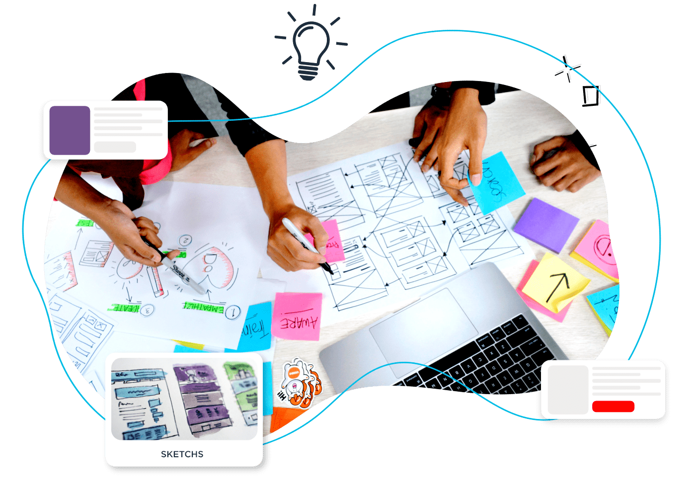 image of a table with various paper sketches and wireframes that a group of people are working on