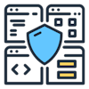 illustration of a square with four blocks with technology-like elements and a shield at the center