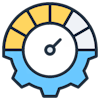 illustration of an ellipse cut in half, the top half simulating a speedometer and the bottom half simulating a gear