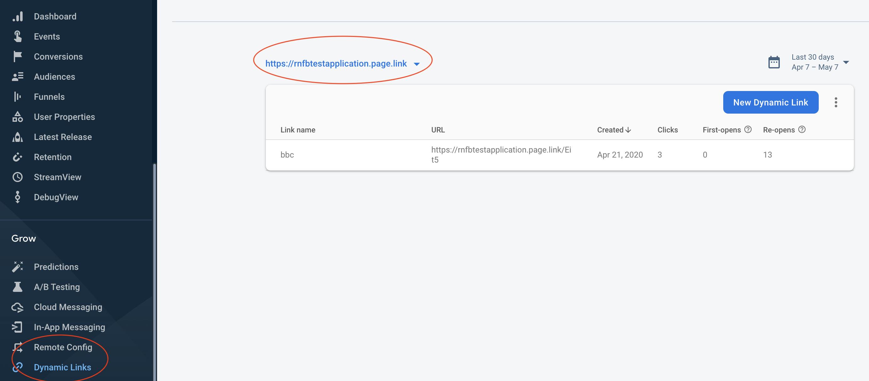 Firebase console dynamic link first step