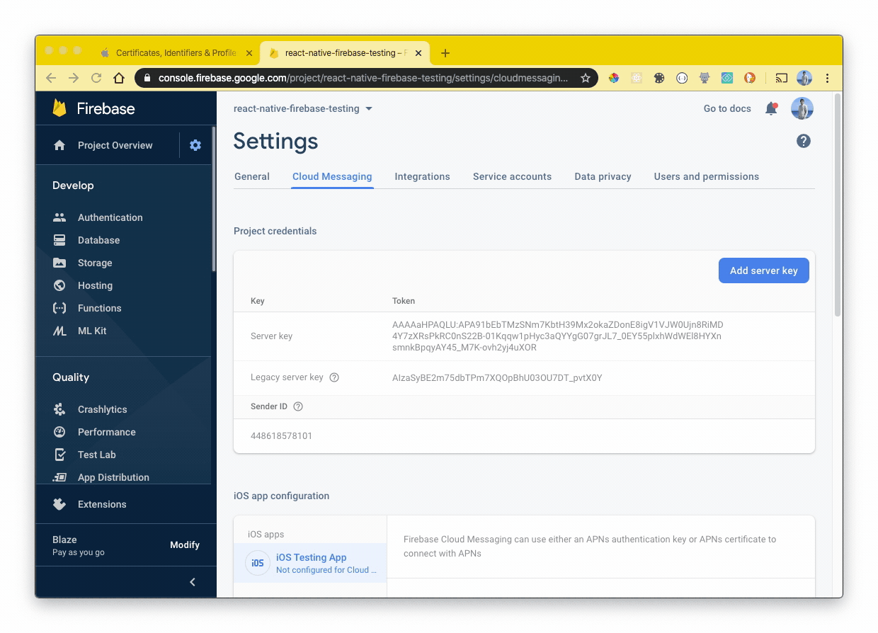 Firebase Console - Upload APNs auth key