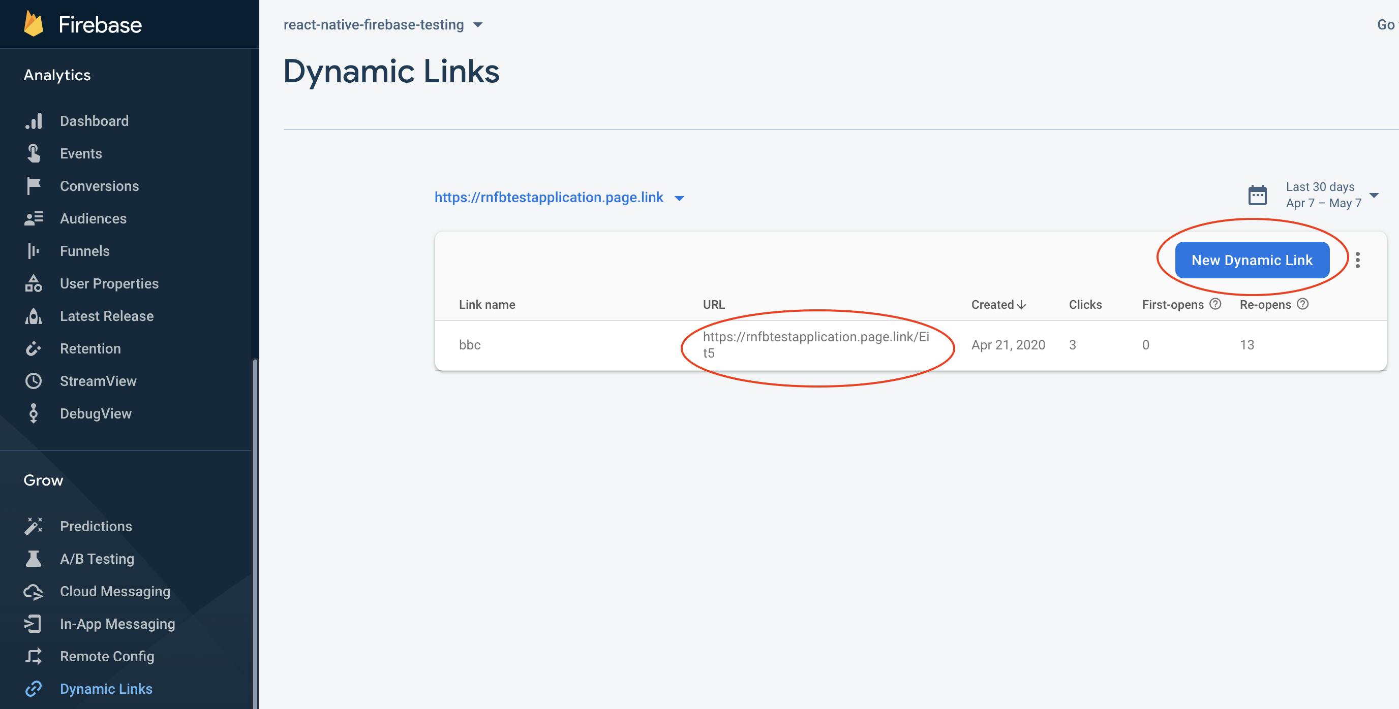Firebase console dynamic link second step