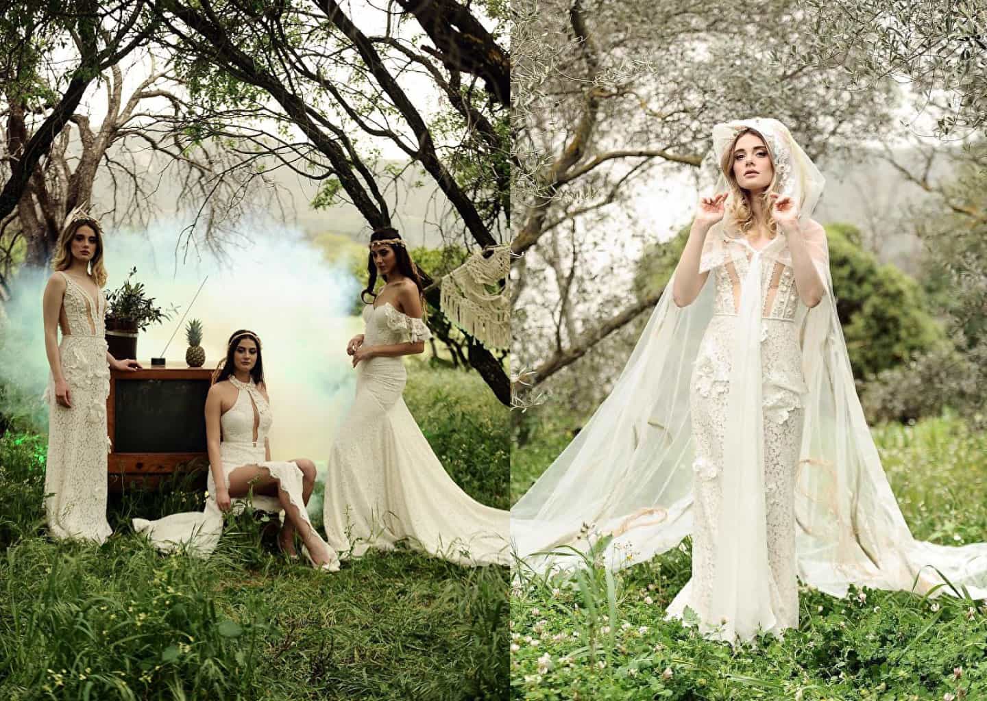 Görselde; iki farklı fotoğrafın birleştirilmiş hali ile orman içerisinde poz veren gelinler bulunuyor. 
