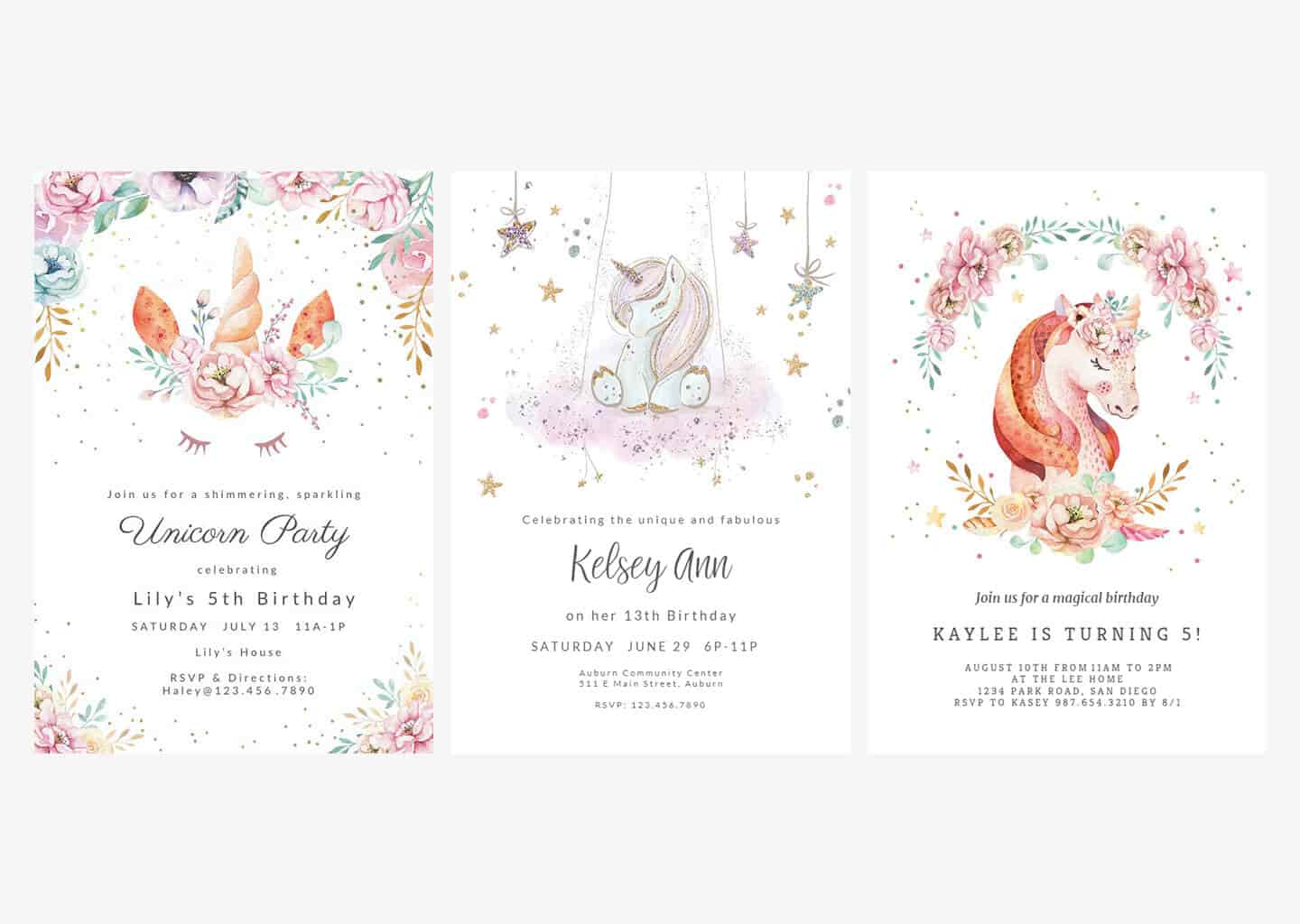 Görselde unicorn temalı davetiye bulunuyor.