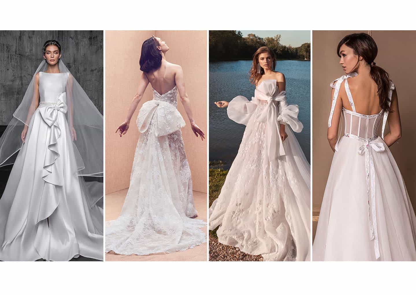 Dört farklı görselin birleştirilmesi ile oluşan görselde; büyük kurdeleleri olan gelinlikleri giymiş modeller bulunuyor.