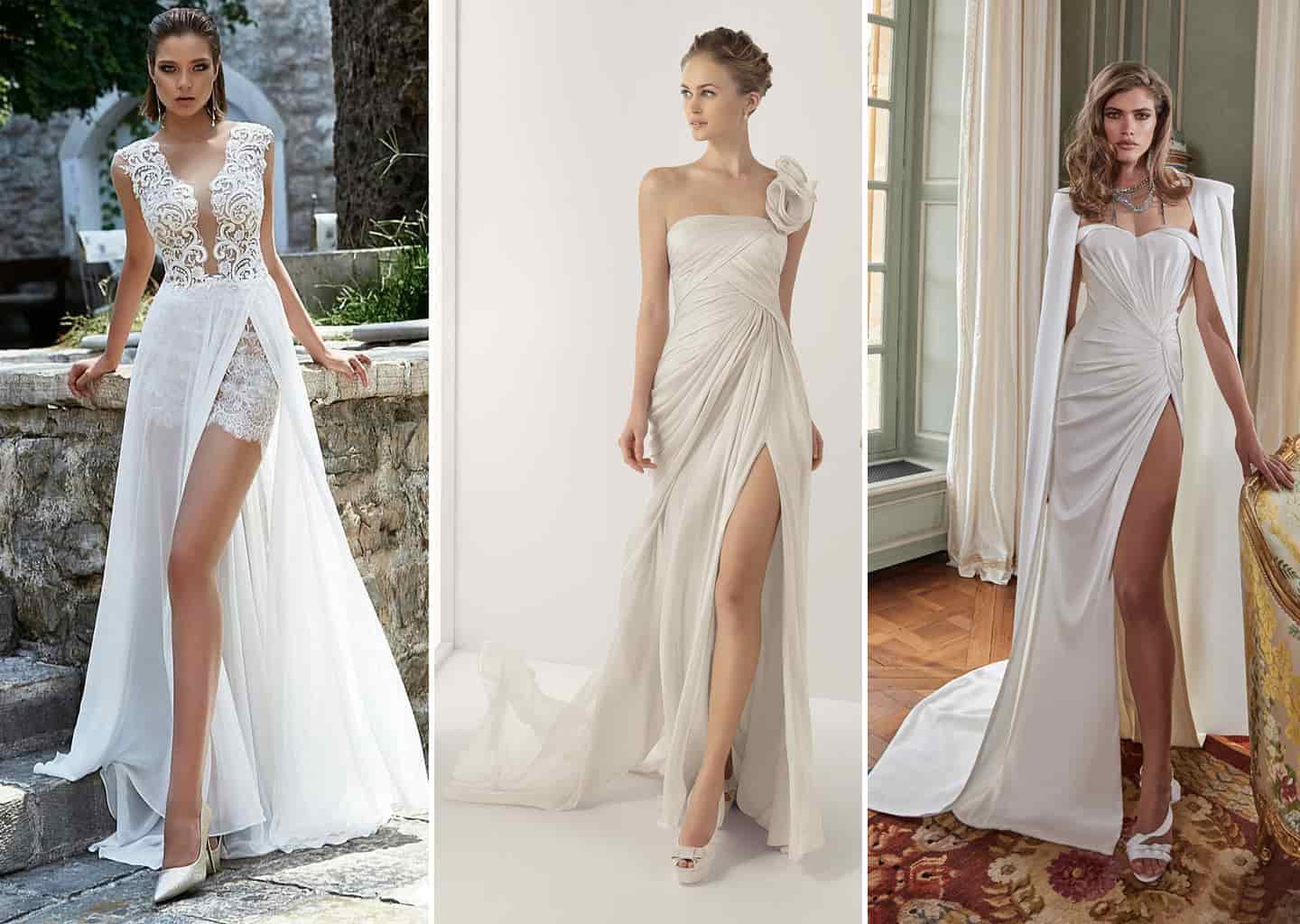 Üç farklı görselin birleştirilmesi ile oluşan görselde; yırtmaçlı gelinlik giymiş modeller bulunuyor.