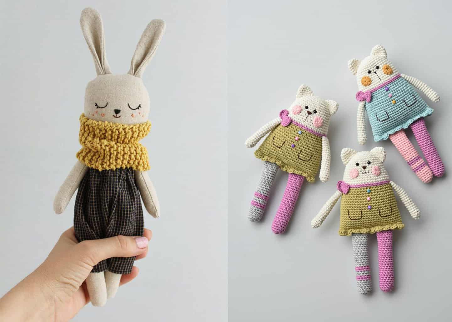 İki farklı görselin birleştirilmesi ile oluşturulmuş görselde tavşan ve kedi şekli verilmiş bez bebekler bulunuyor.