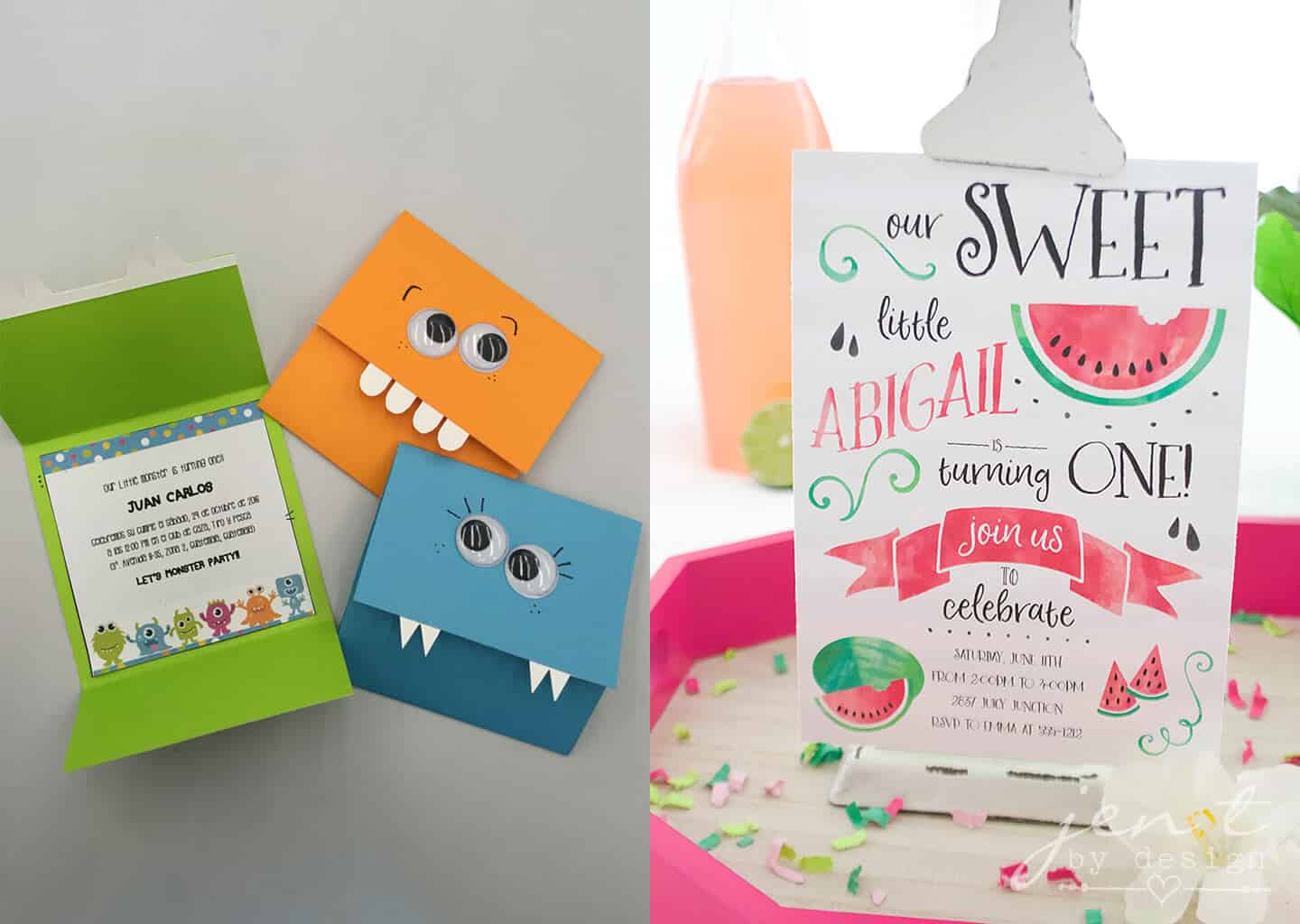 Görsellerde 1 yaş için örnek olarak yapılan iki farklı davetiye örnekleri bulunuyor.