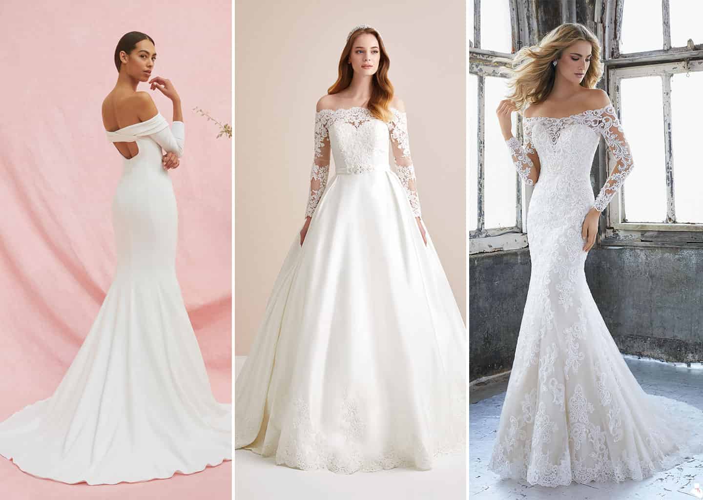 Görselde; dantel detayları olan ve straplez model gelinlik giyen gelinlerin olduğu birleştirilmiş üç fotoğraf bulunuyor.