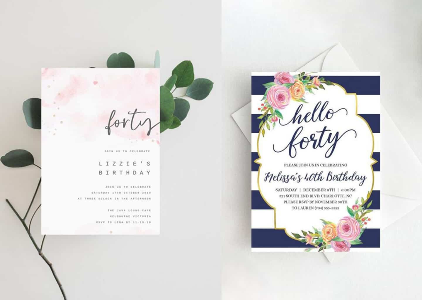 Açık renk arka plan üzerinde modern olarak tasarlanmış farklı iki davetiye bulunuyor.