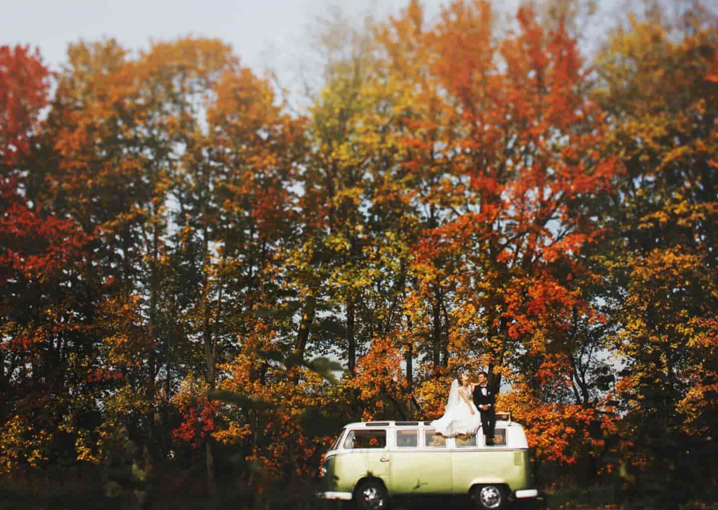Ormanlık bir alan içerisinde; gelin ve damat bir minibüs üzerinde oturarak poz veriyor.