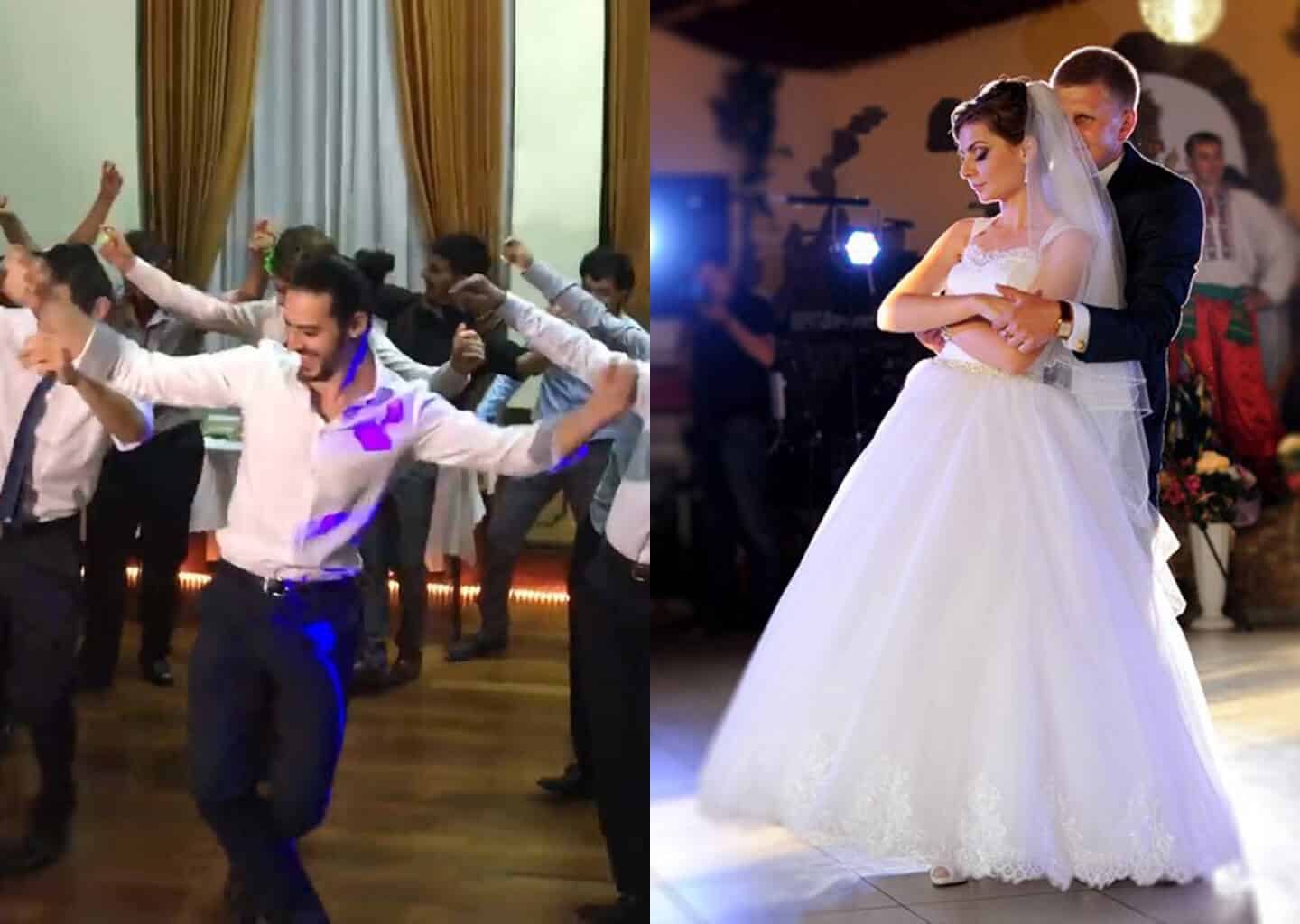 Birleştirilmiş iki görselde, solda dans eden bir adam ve sağda ise dans eden gelin ve damat bulunuyor.