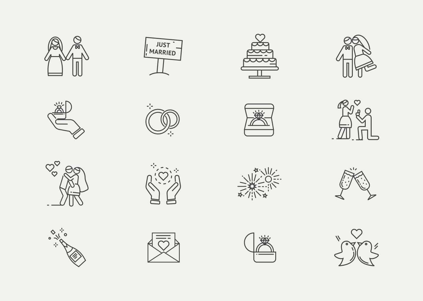 Görselde düğün ile ilgili çizilmiş gelin-damat, düğün pastası, kadehler, alyanslar gibi şekiller bulunuyor.