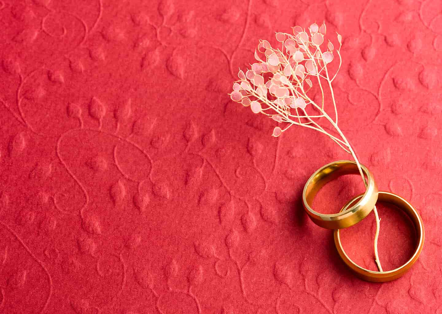 Kırmızı ve desenli arka plan üzerinde iki adet alyans bulunuyor.