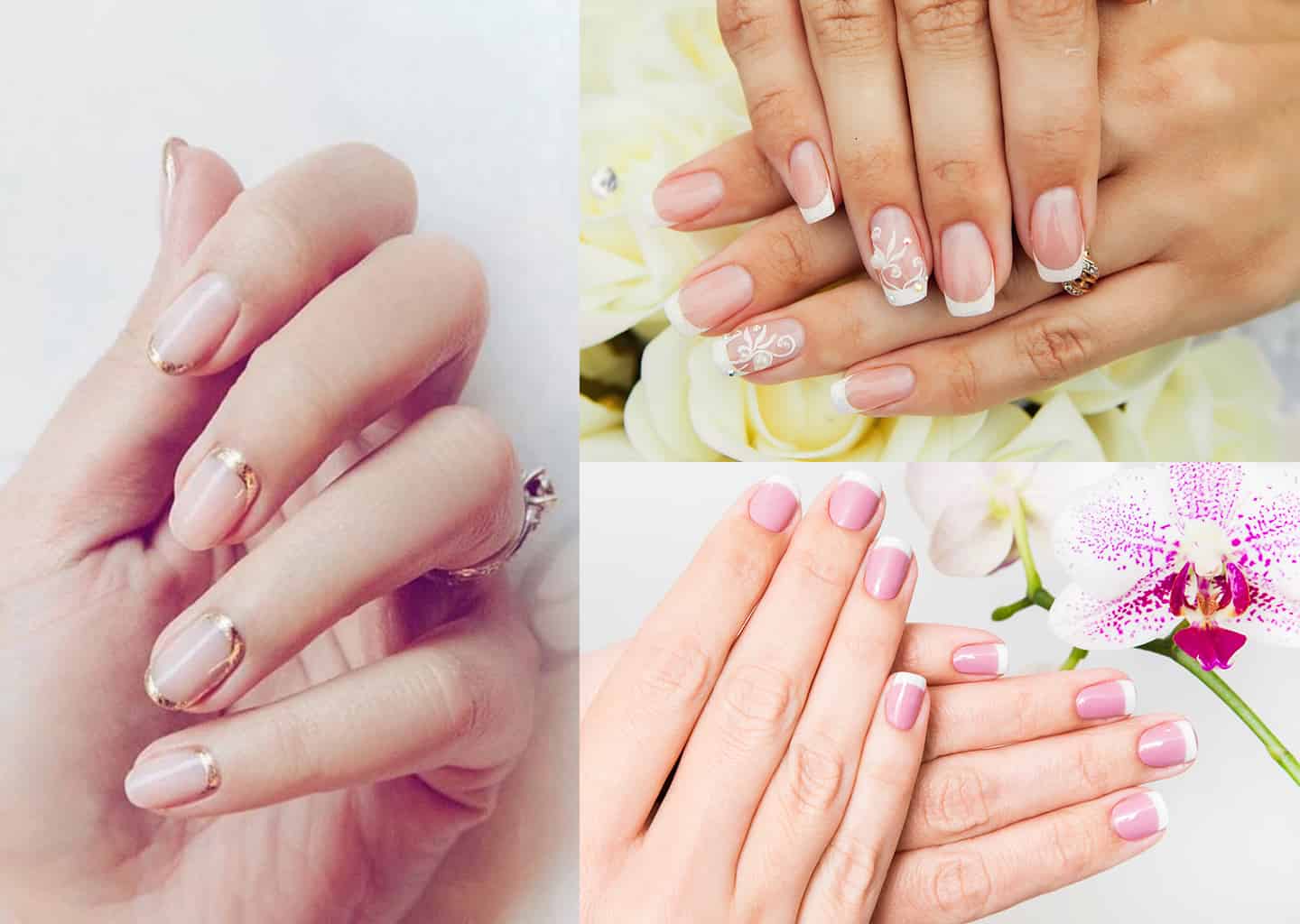 Yakın plan çekimde metalik french uygulaması yapılmış tırnak görselleri bulunuyor. 