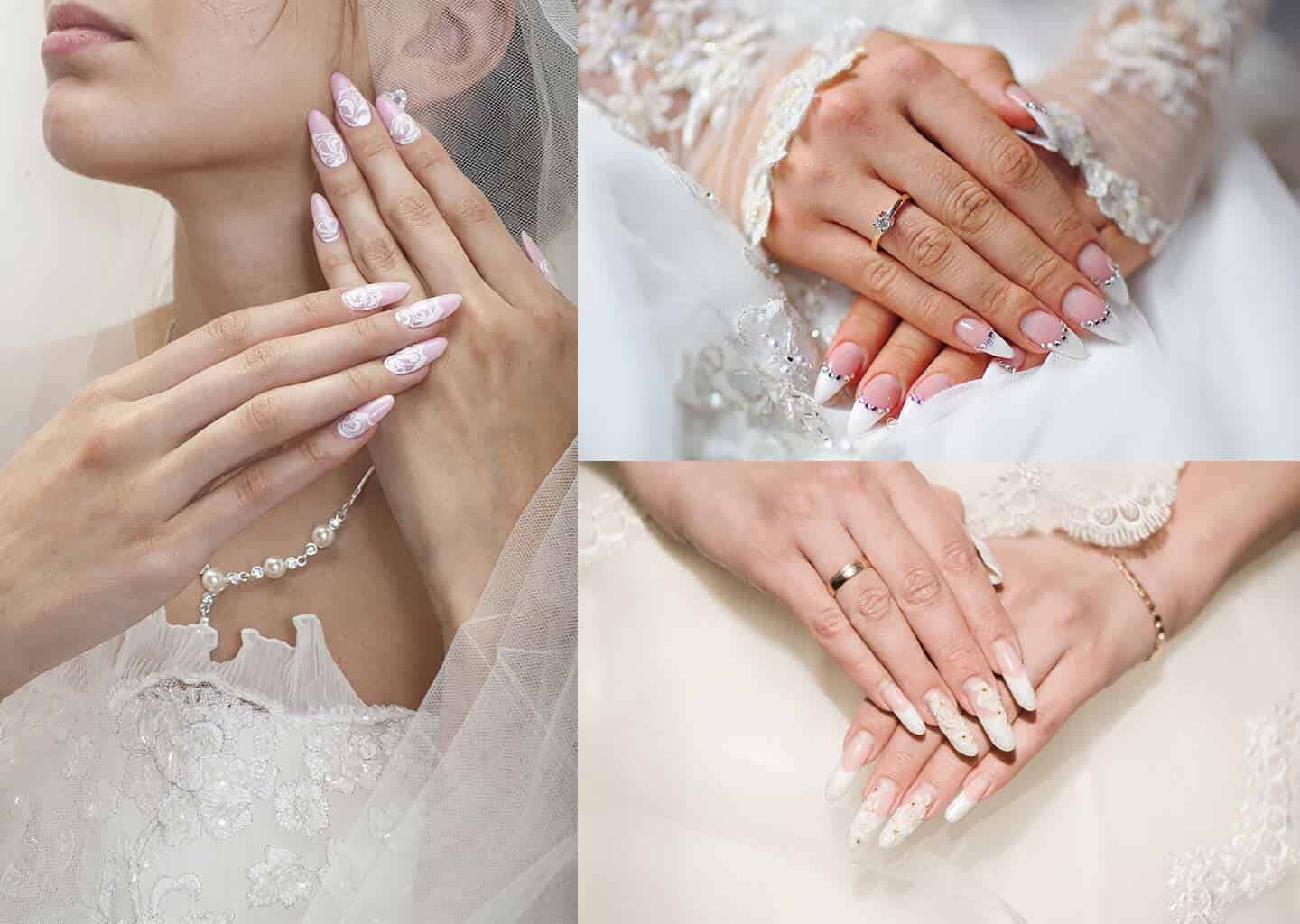 Görselde düğün için sivri olarak şekillendirilmiş tırnak şekilleri bulunuyor.