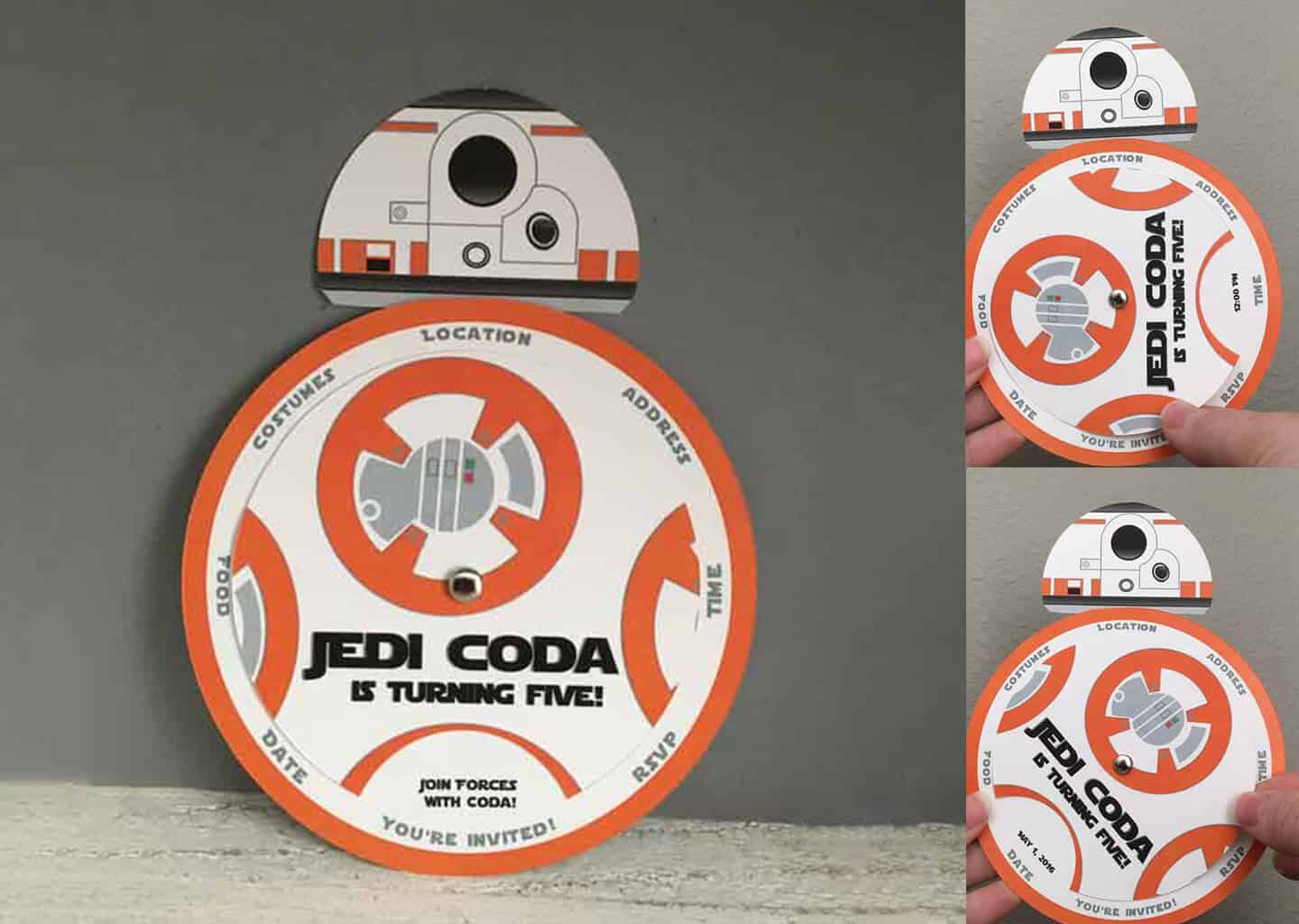 Koyu renk arka plan önünde Star Wars temalı bir davetiye bulunuyor.