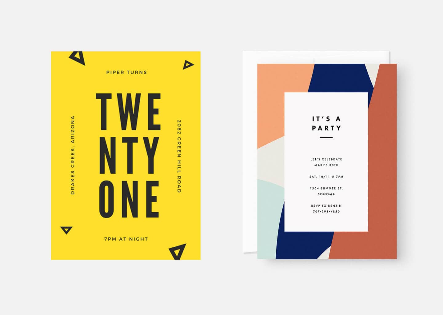 Açık renk arka plan üzerinde minimal olarak tasarlanmış iki farklı davetiye görseli bulunuyor.