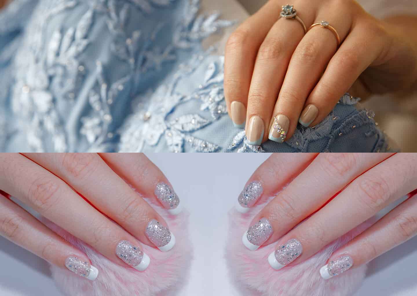 Yakın plan çekimde ışıltılı renkler ile süslenmiş tırnakların olduğu birleştirilmiş görseller bulunuyor.