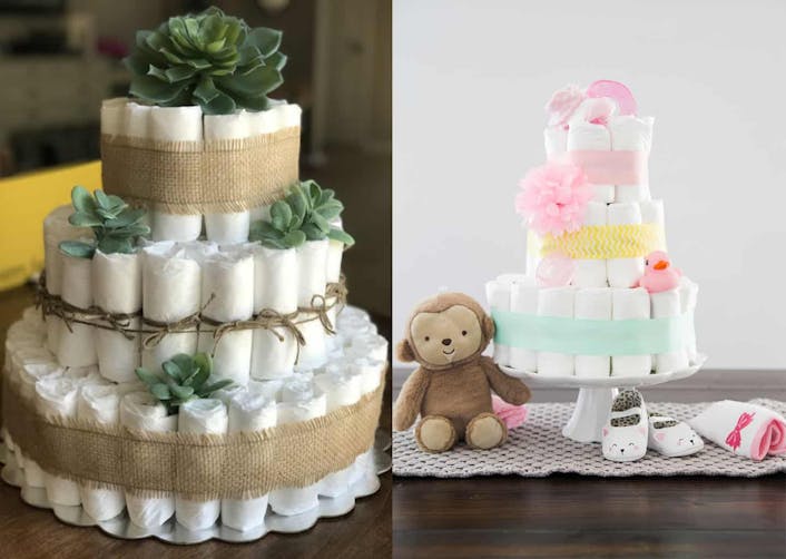 Birleştirilmiş iki farklı görselde; her ikisi görselde de bebek bezi şekli verilmiş pastalar bulunuyor.
