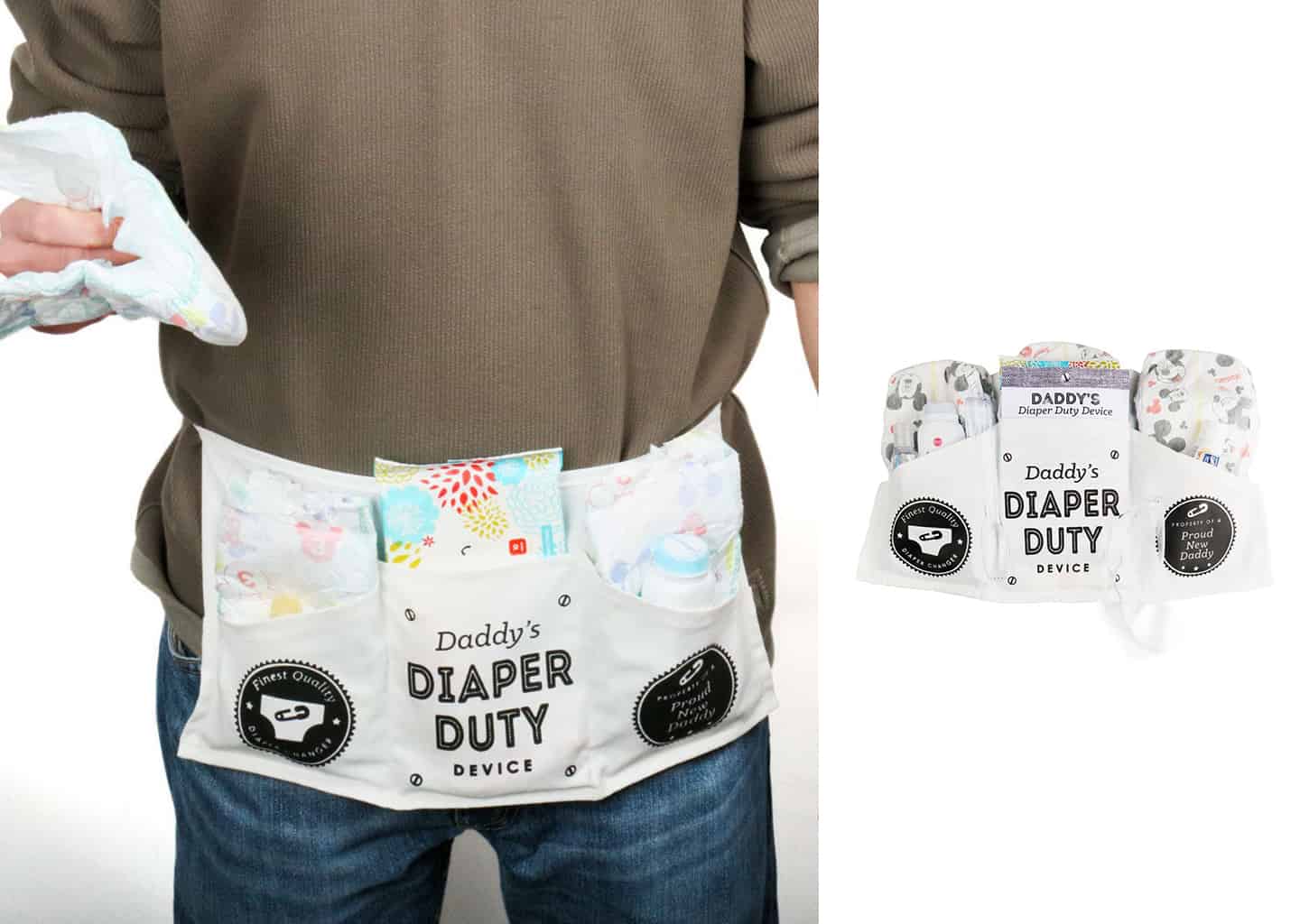 Yakın plan çekimde belinde baba önlüğü giyen genç adam elinde bebek bezi tutuyor.