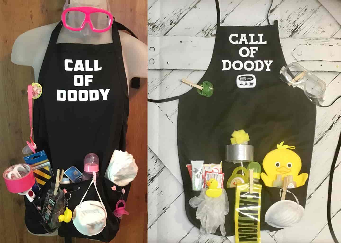 İki farklı görselin birleştirilmesi ile oluşturulmuş olan görselde; babaların giymesi için tasarlanmış mutfak önlükleri bulunuyor.