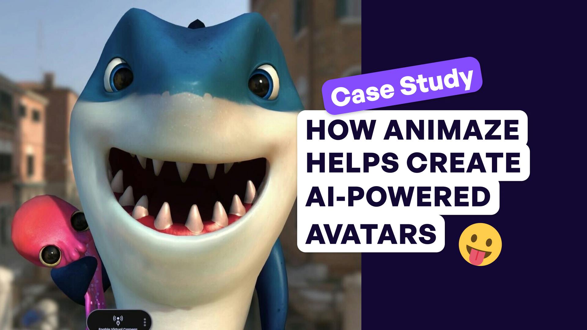 How Animaze Helps create AI-powered avatars with a smiling shark avatar