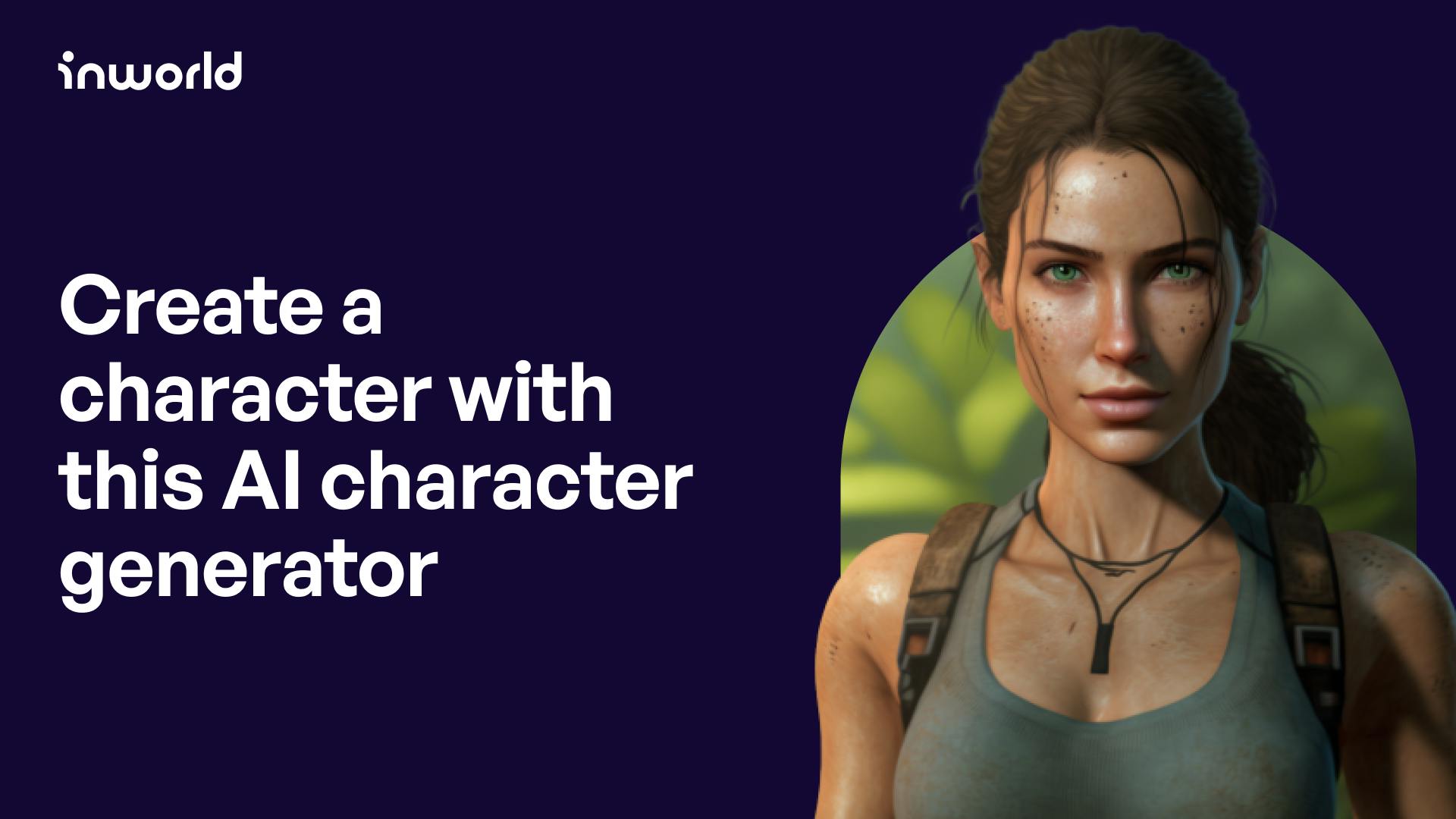 Text says Create a character with this AI character generator. There is an image of a character with long hair wearing a backpack and a tank top.