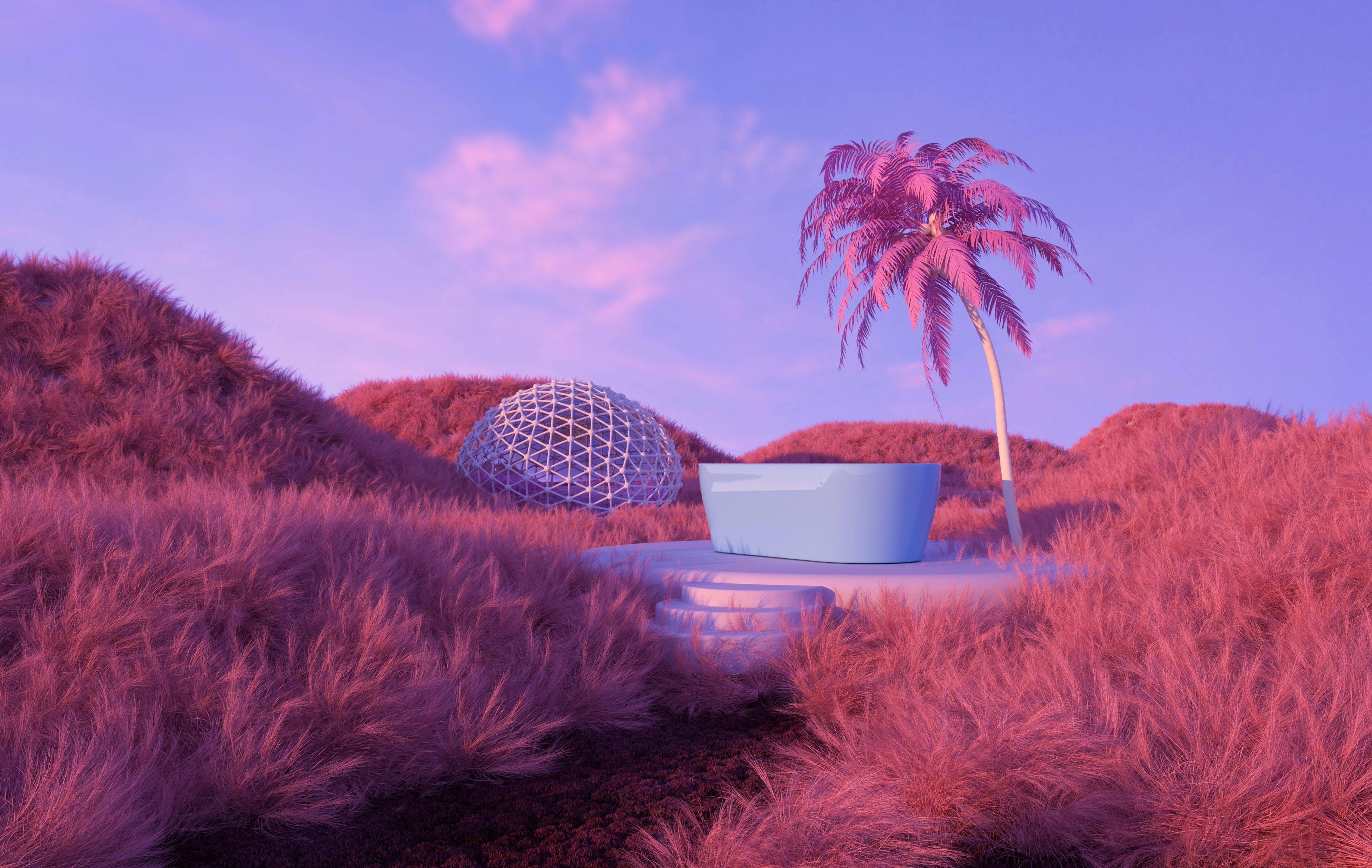 An empty metaverse world with pink bushes, a pink palm tree, a platform with a bathtub and a geodome in the background. This represents problems with the metaverse around low concurrent metaverse users