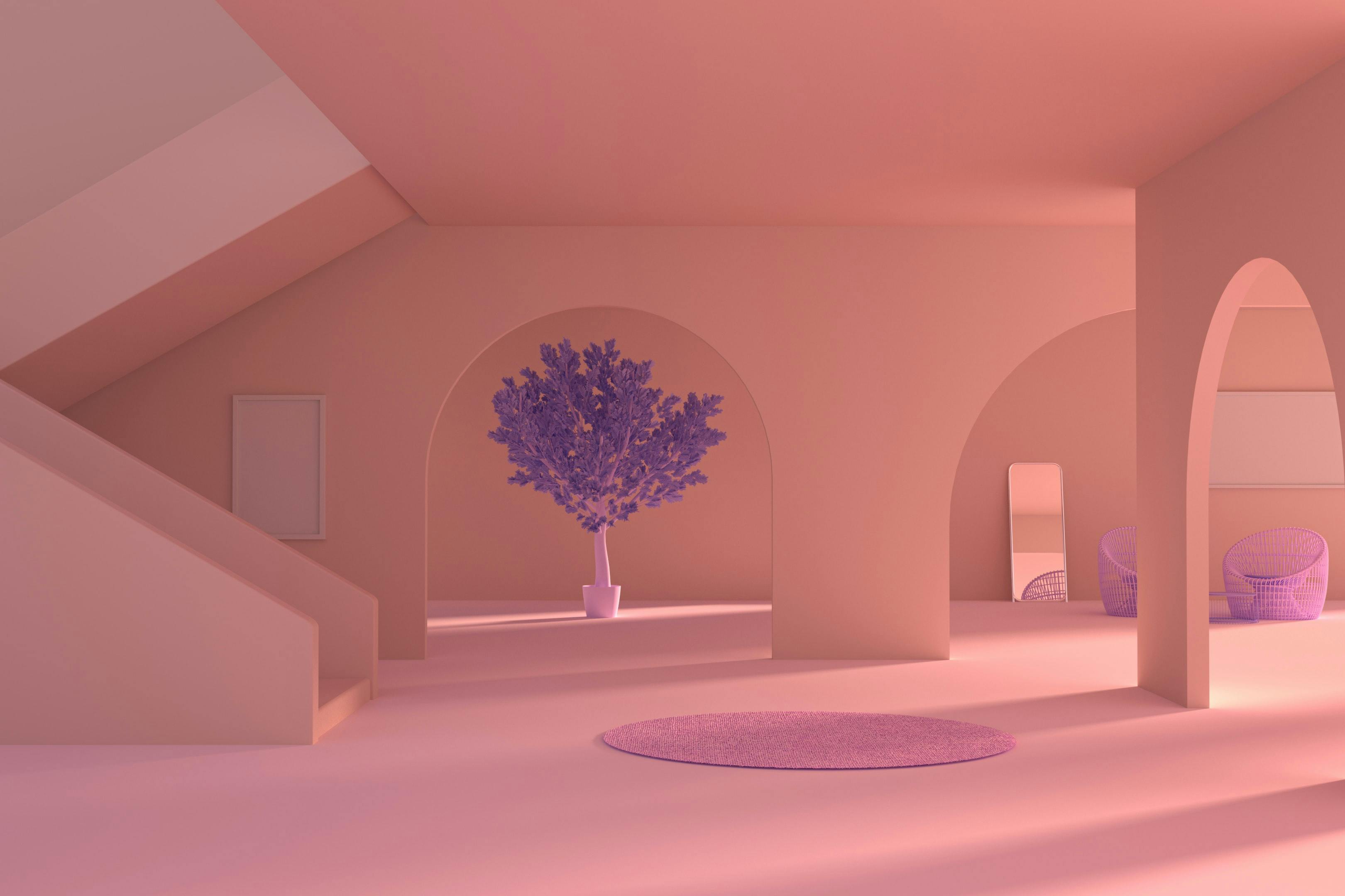 An empty metaverse home with a purple tree. This is to represent how metaverse hype hasn't always materialized into metaverse users. 