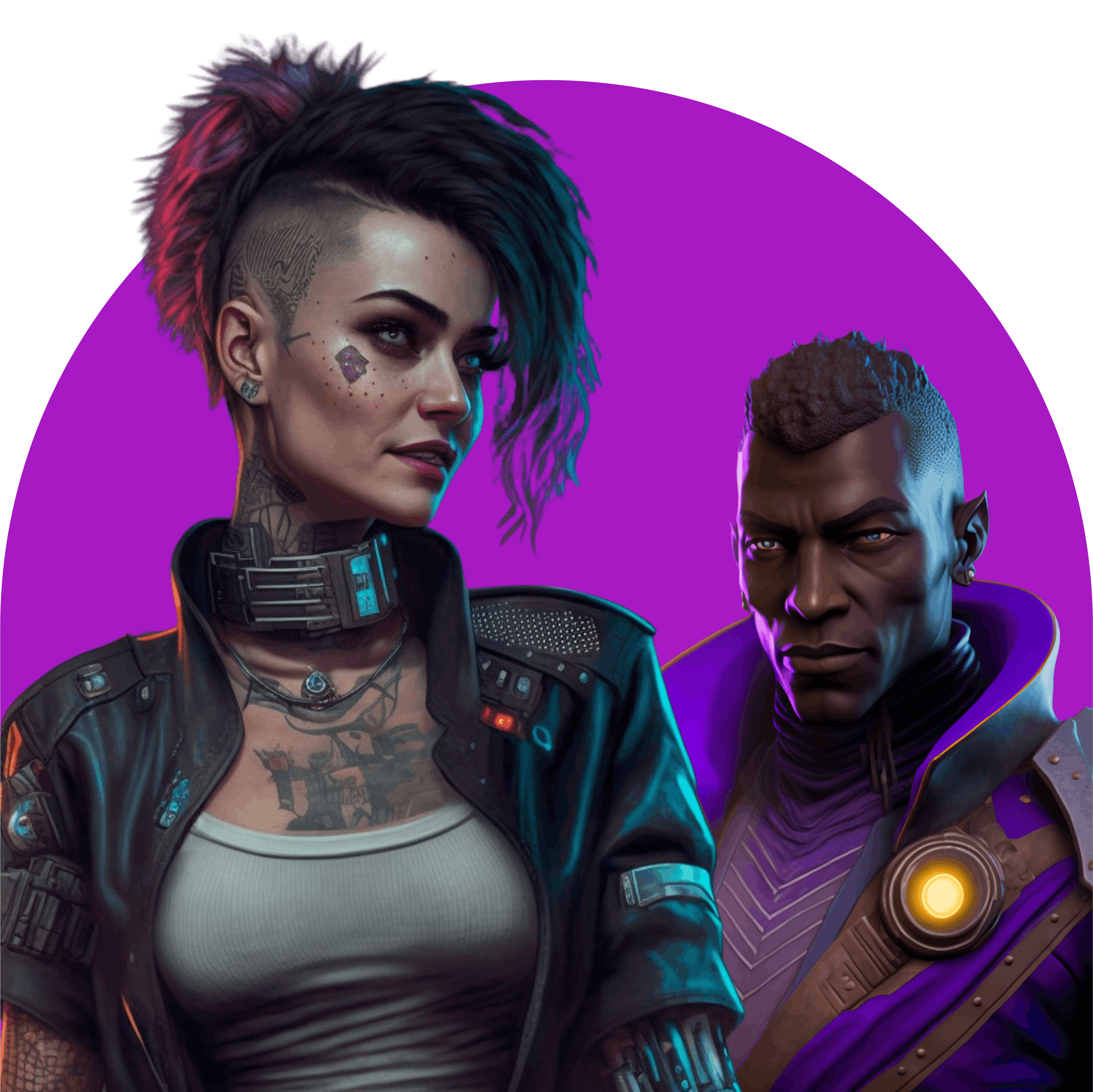 On a purple background there's a futuristic looking NPC with tattoos and an undercut and a space captain NPC in purple and gold.