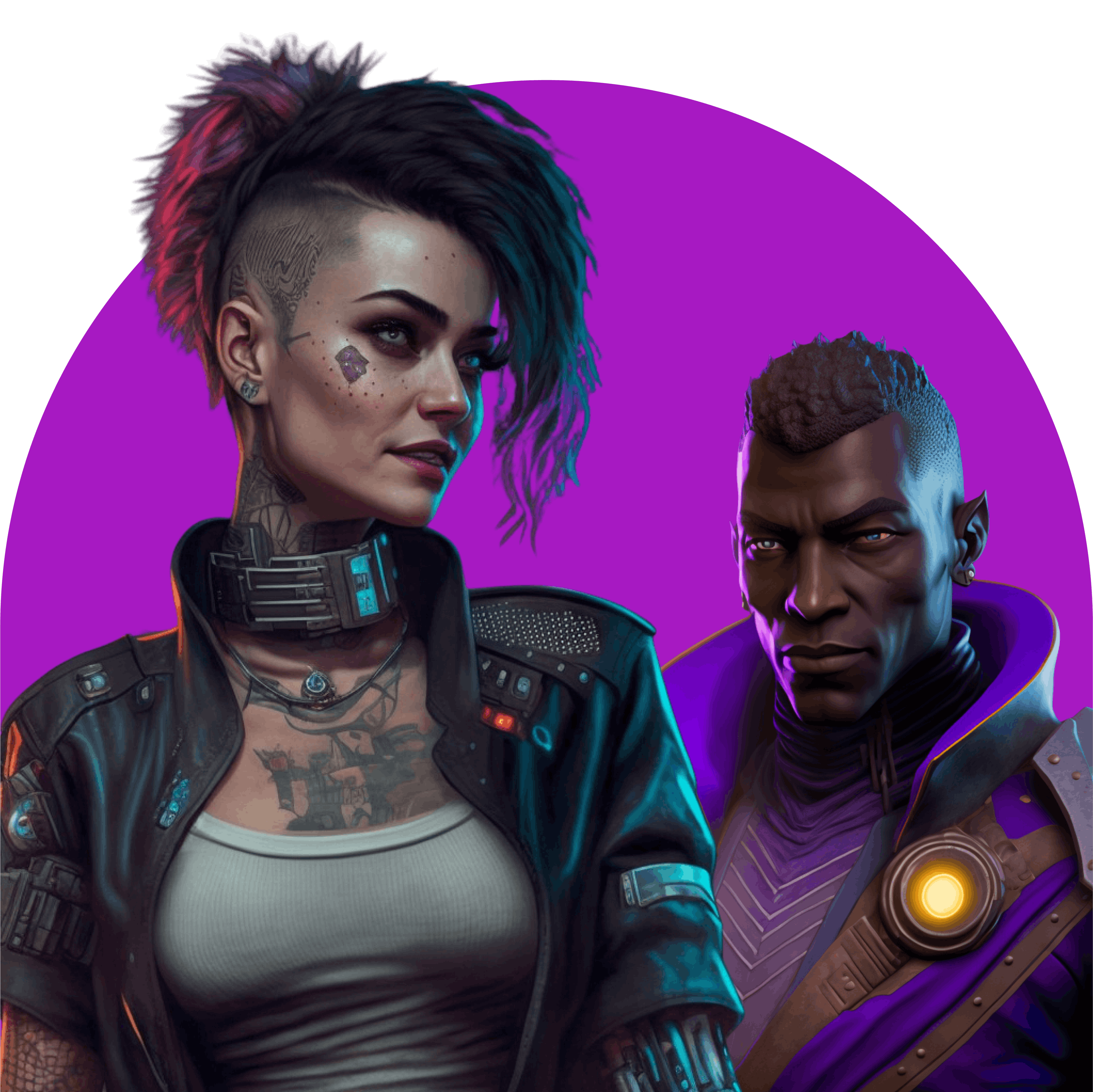 On a purple background there's a futuristic looking NPC with tattoos and an undercut and a space captain NPC in purple and gold. 