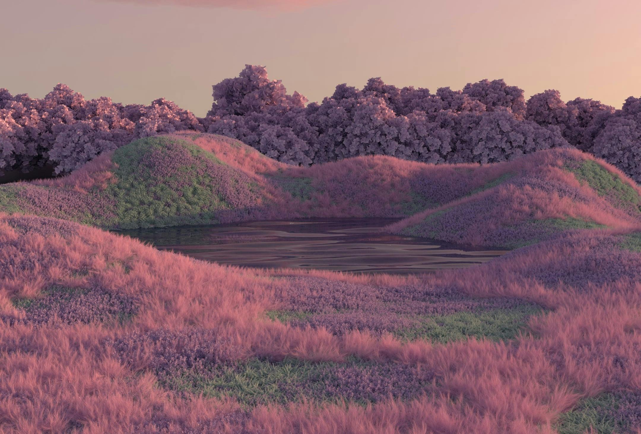 A photo of a digital world with no metaverse users. The world has pink rolling hills and pink trees. 