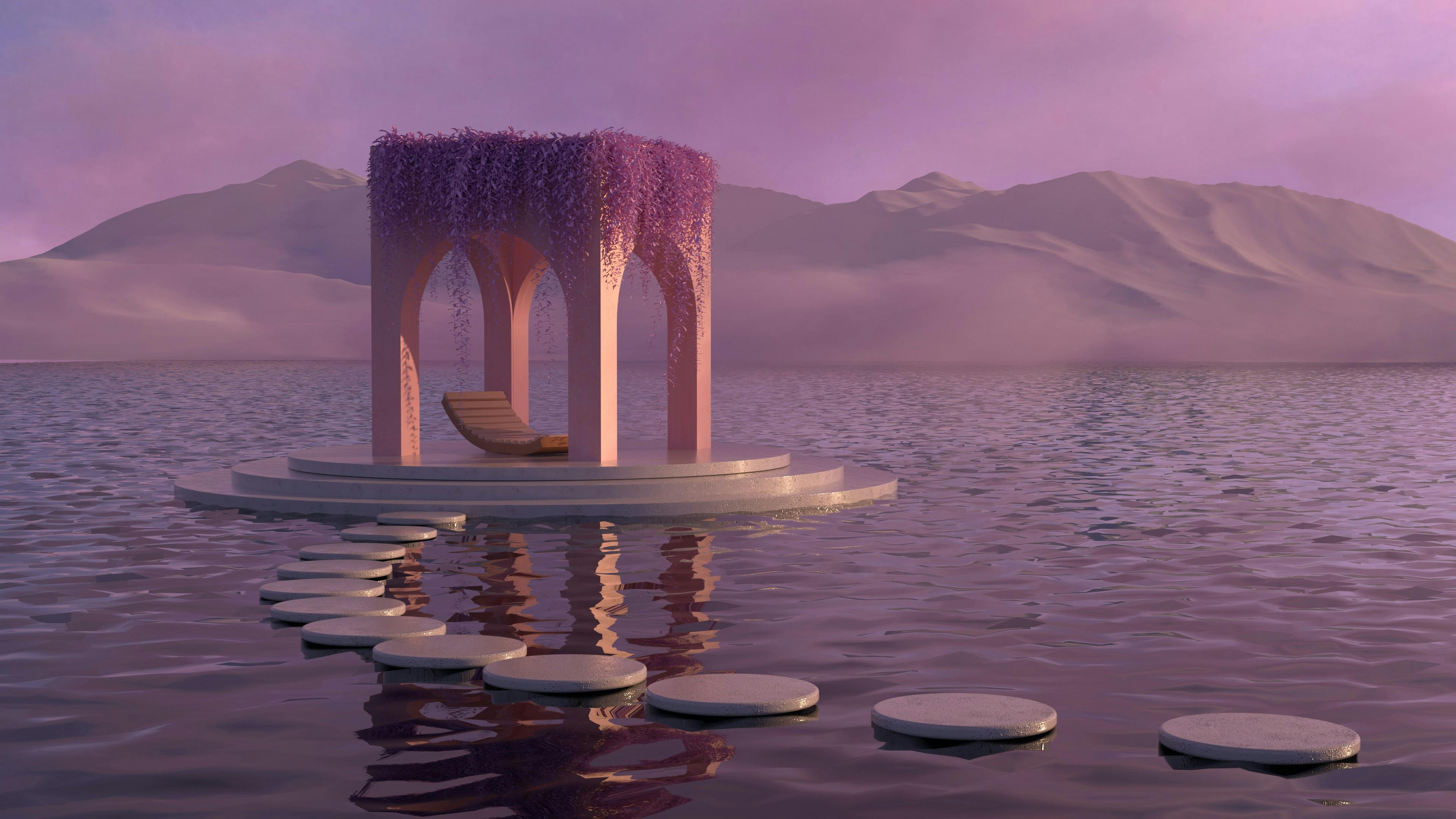 A lake with platform in the middle of it with flowers growing on it. This represents an empty metaverse world due to low metaverse statistics around concurrent users