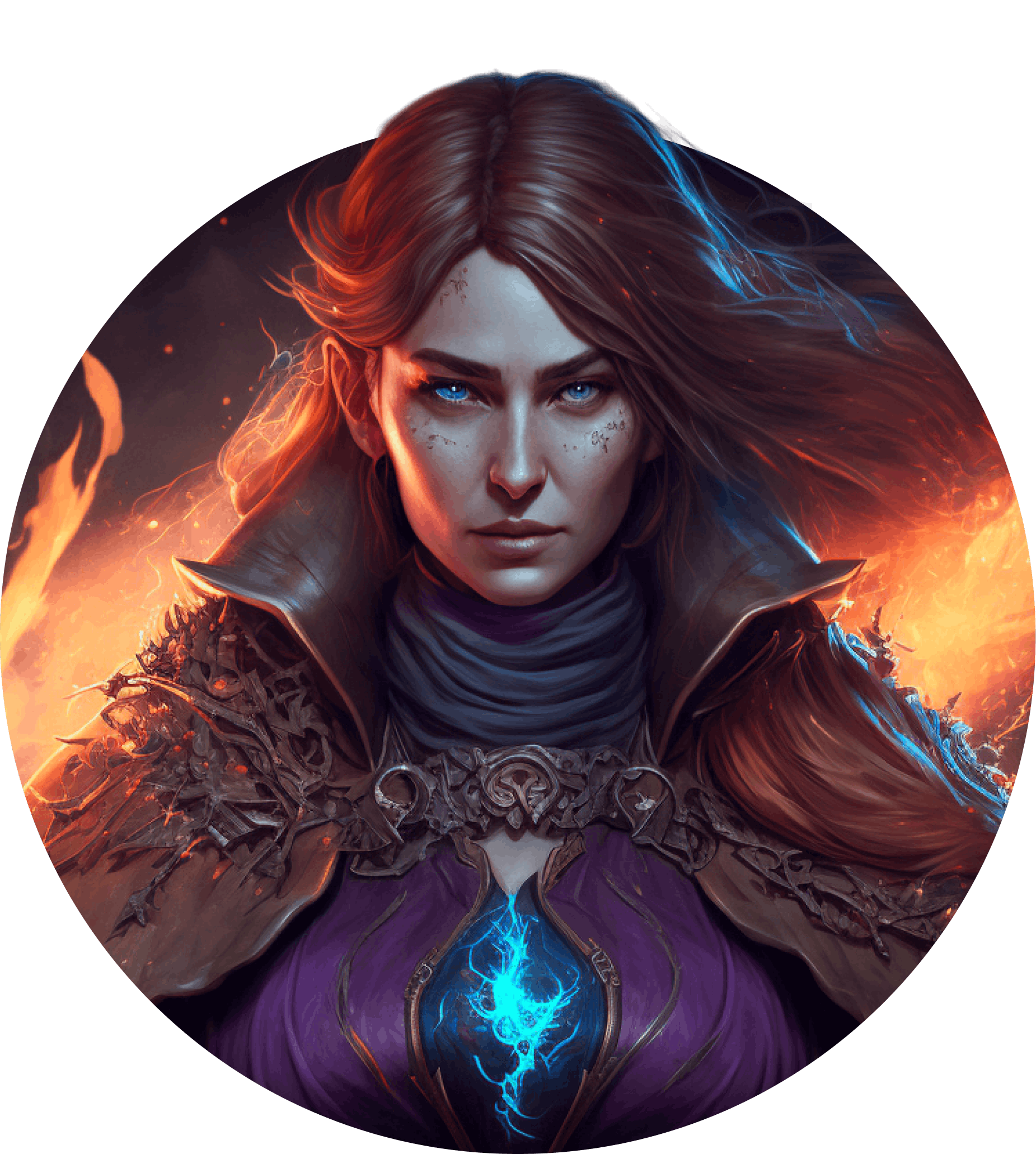 On a firey background there's a female wizard NPC looking out while her hair blows around her.