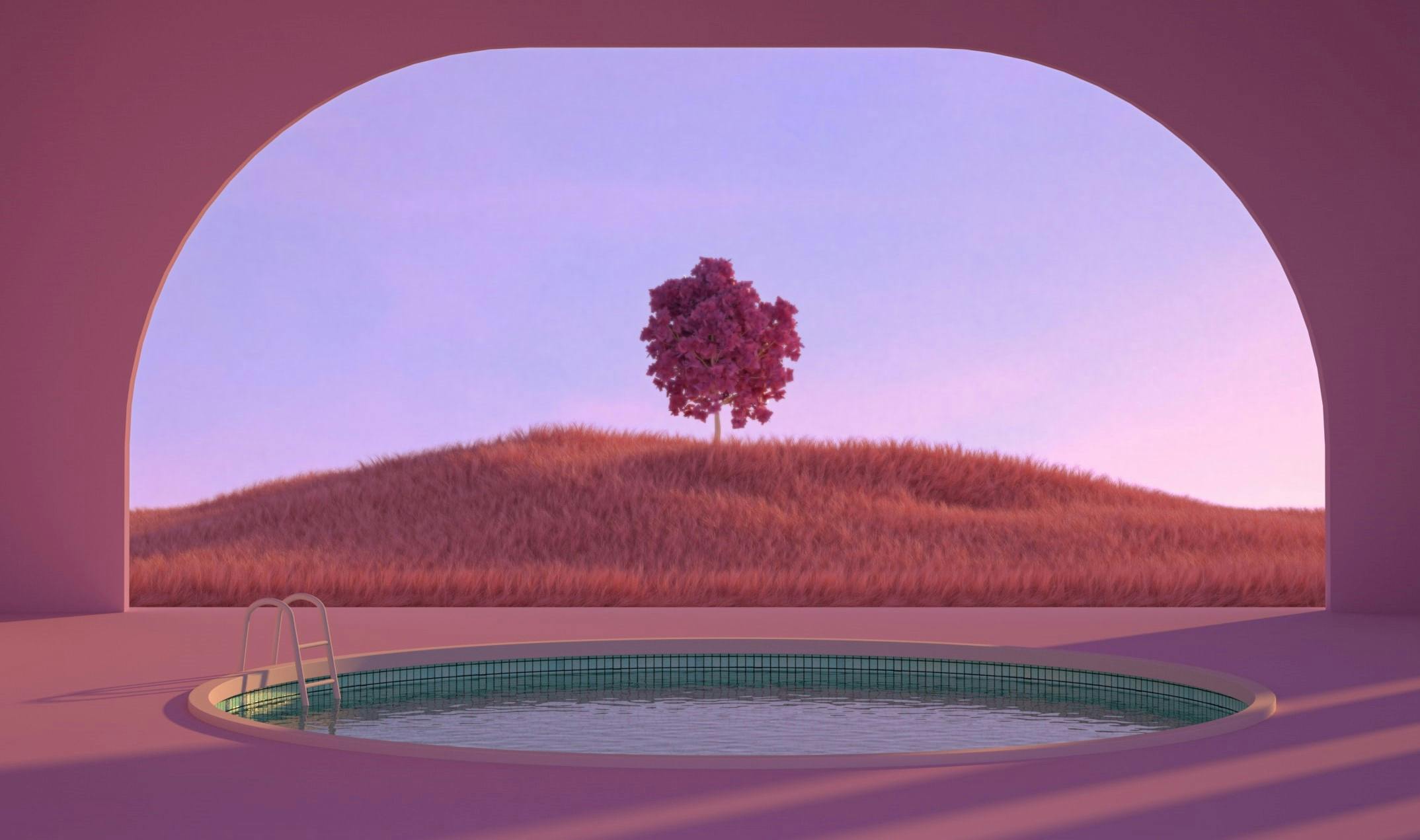 A photo of a digital world with no metaverse users. The world has a swimming pool with a window that looks out on a pink field with a pink tree