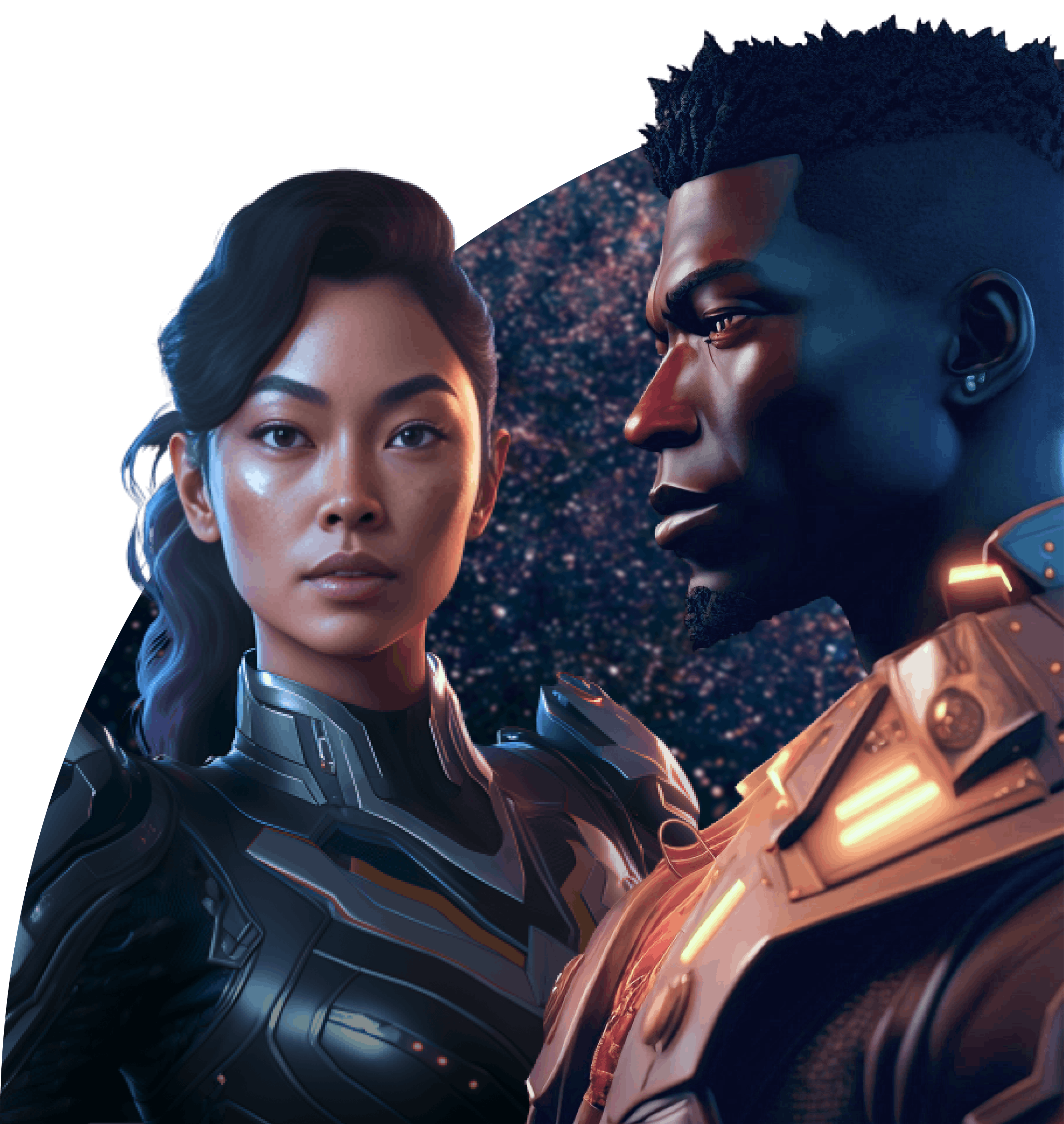 On a starry background there's an Asian futuristic looking NPC spacewoman and a black space captain NPC in profile with a brown jacket.